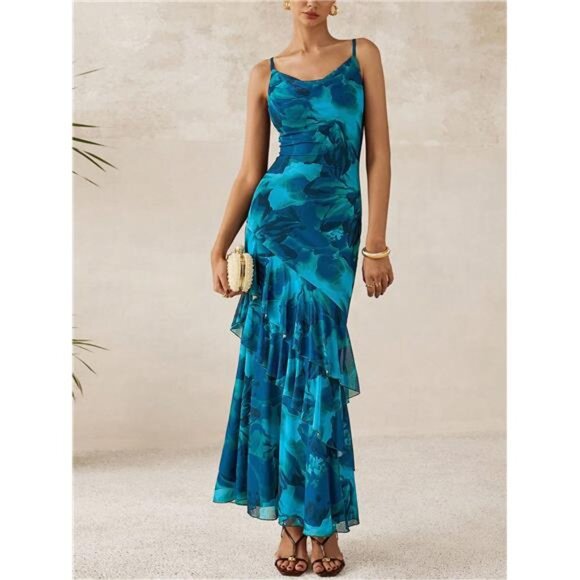 NEW - Women's Long Dress Summer Ruffled Layered Floral Sundress With Thin Straps - Picture 3 of 7